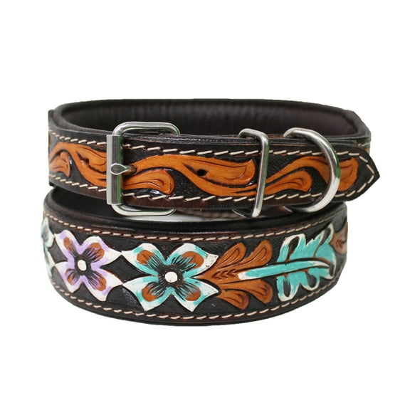 Small 13''- 17'' Hand Tooled Floral Padded Leather Beaded Dog Collar Floral Hand Tooled 60HR17
