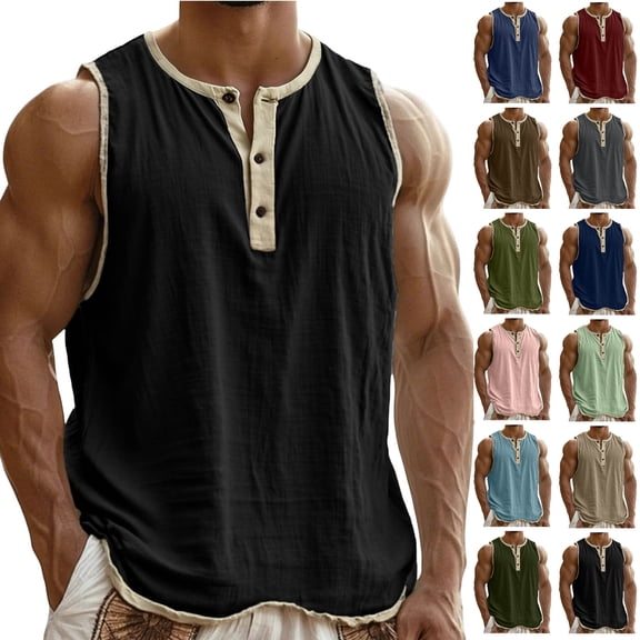 Mlkoz Mens Tank Tops Button Sleeveless Sports Shirts Summer Tops Breathable Casual Solid Beach Tops Sizes S-3XL