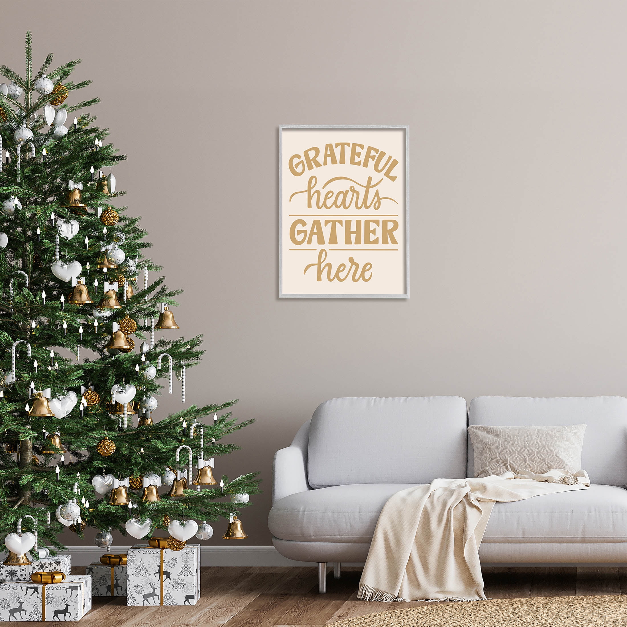 Grateful Hearts Gather Here Phrase Holiday Graphic Art Gray Framed Art Print Wall Art