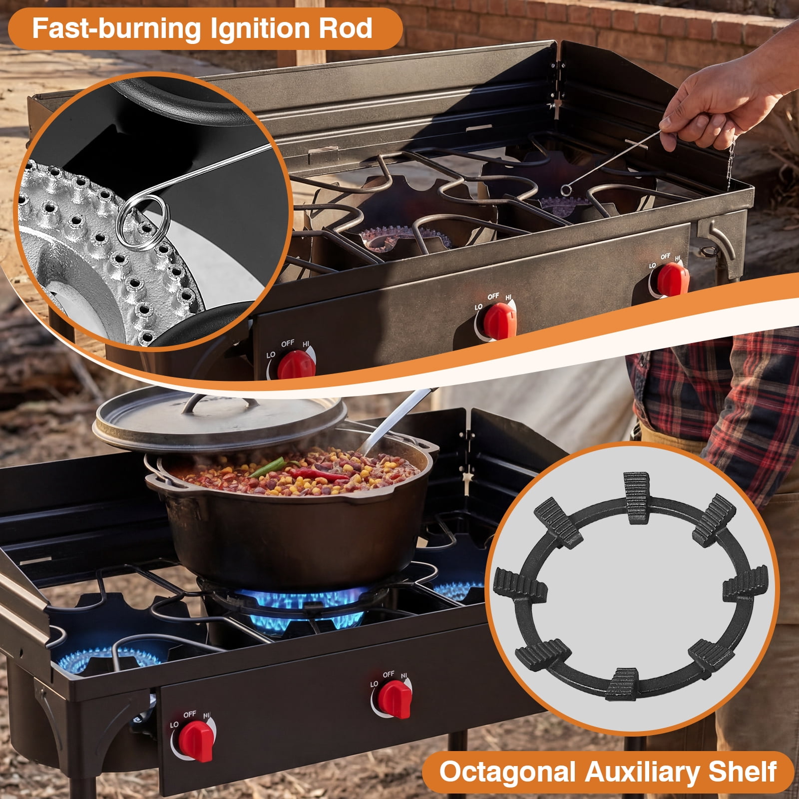 SIXDAY 3 Burner Propane Outdoor Stove with Wind Guards, 225,000 BTU Portable Gas Cooker with Removable Legs, High Pressure Camping Stove for Outdoor Cooking, Tailgating & Frying