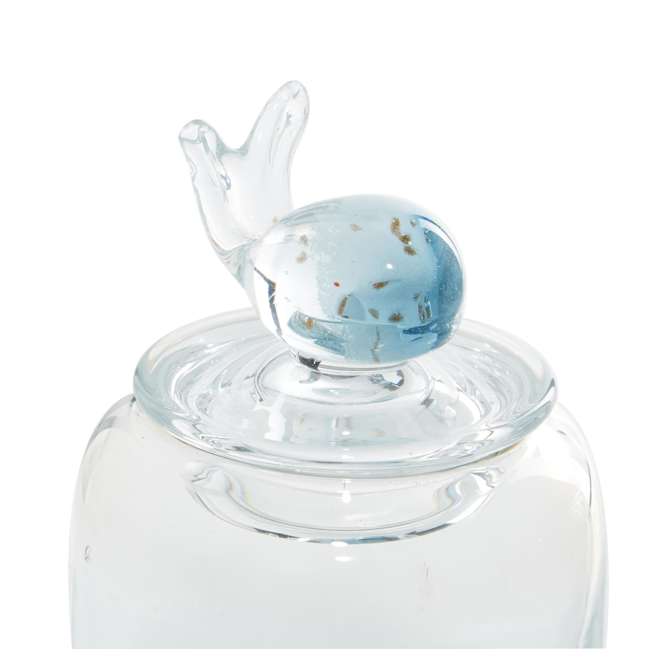 DecMode 5"W, 9"H Blue Glass Shell Handmade Decorative Jars with Whale and Seashell Tops, 2-Pieces