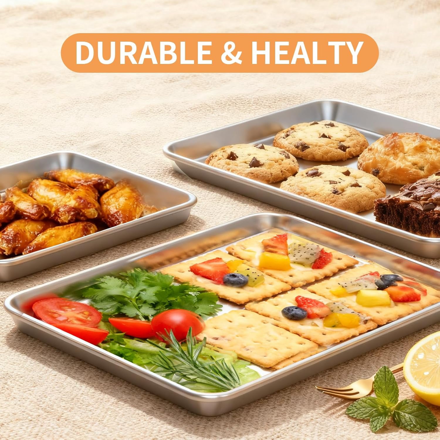 Baking Sheet Set of 3, Stainless Steel Cookie Sheets Pan, 10.5/12.4/16 Inch, Thicker and Firmer Pans Set, Non-stick, Non toxic & Heavy Duty Easy Clean，Dishwasher Safe