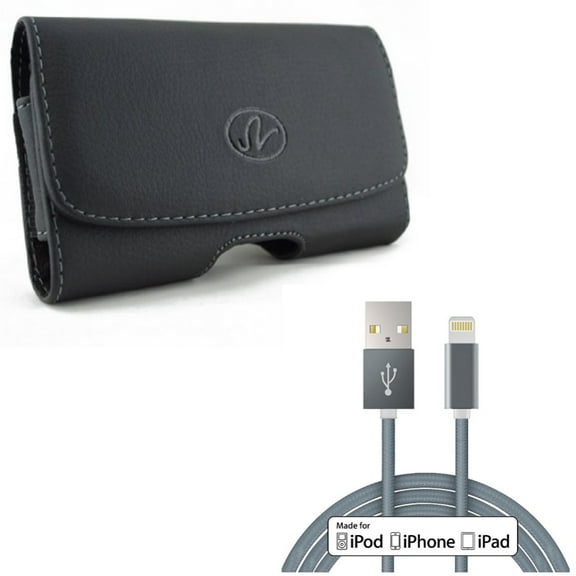 10ft MFi USB Cable w Leather Case Belt Clip for iPhone XS Max/8 PLUS/7 Plus/6S Plus/6 Plus - Certified Charger Cord Power Wire Braided and Swivel Holster Loops Cover Pouch