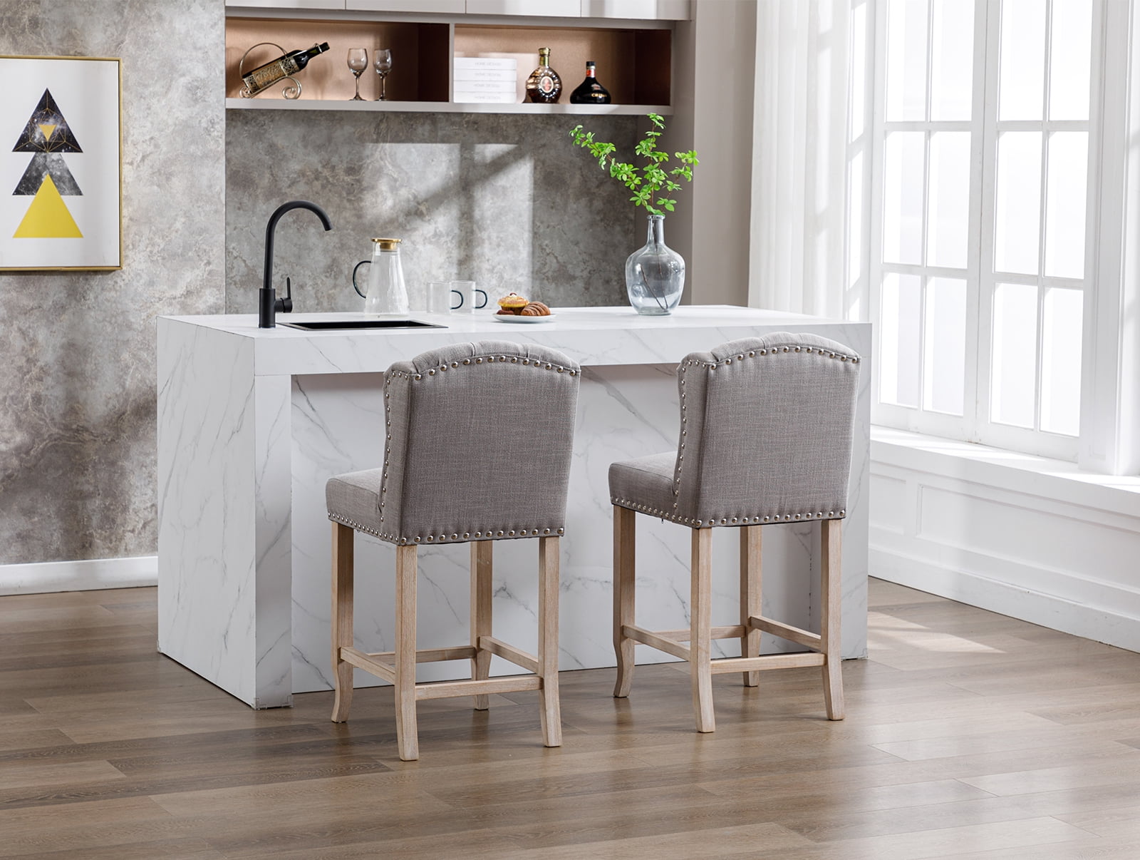 Guyou Modern Tufted Bar Stool Set of 2, 26" Counter Height Bar Stool with Back and Nailhead Trim, Linen Upholstered Solid Wood Kitchen Island Chair Barstools for Bar Restaurant Cafe Dining Room, Grey