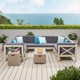 thumbnail image 3 of Keith Outdoor Acacia Wood 8 Seater Sectional Sofa Set with Fire Pit, Light Gray Wash, Dark Gray, and Light Gray, 3 of 10