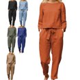 thumbnail image 1 of Conjunto de pantalones largos para mujer Color puro Cuello redondo Manga larga Cintura elástica Conjunto de dos piezas Naranja XL, 1 of 6