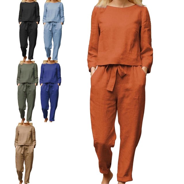 Conjunto de pantalones largos para mujer Color puro Cuello redondo Manga larga Cintura elástica Conjunto de dos piezas Naranja XL