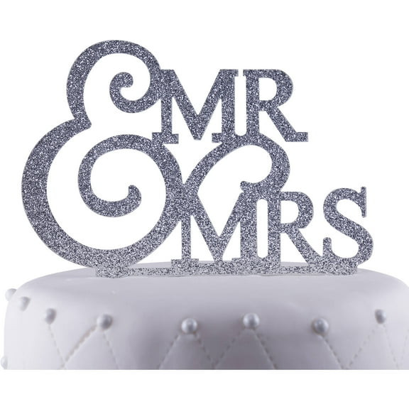 Unik Occasions  Mr. & Mrs. Silver Glitter Acrylic Wedding Cake Topper