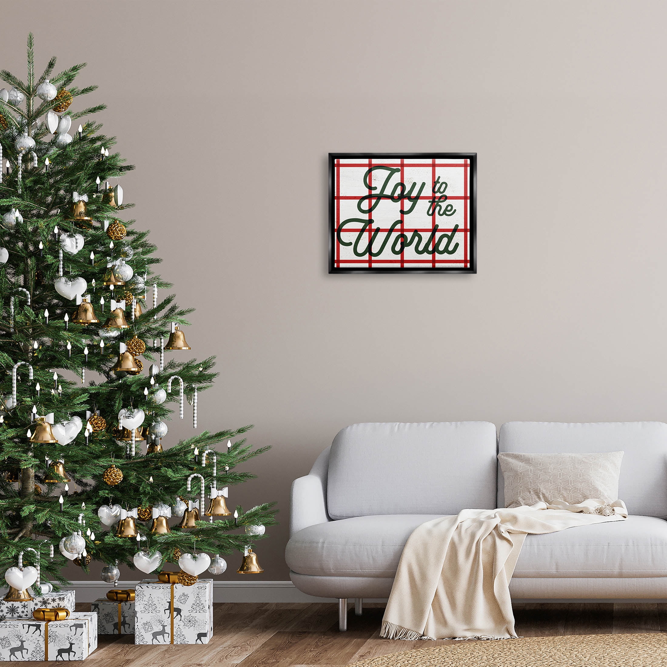 Joy To The World Tartan Phrase Holiday Graphic Art Jet Black Framed Art Print Wall Art