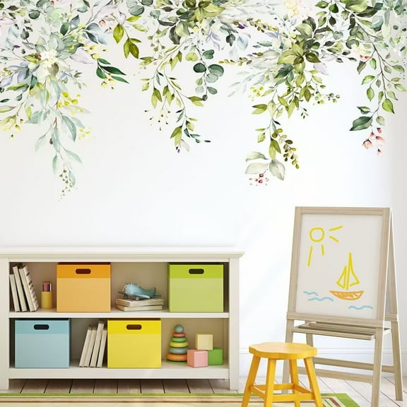 Green Plants Leaves Wall Decals Peel and Stick, Large Floral Flowers Wall Stickers, DIY Removable Vine Home Decor Art for Bedroom Living Room Classroom Office