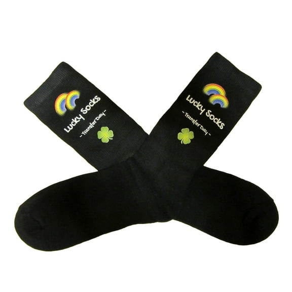 IVF Socks, Lucky Transfer Socks with Rainbows and Clover - Womens and Mens Large Black Crew IVF Socks