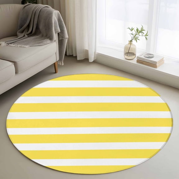 Yellow Striped Round Area Rug 3 FT,Small Kitchen Bathroom Mats,Modern Simple Monochrome Geometric White Washable Indoor Outdoor Throw Runner Carpet Non-Shedding Doormat for Table Shower Sofa Entryway
