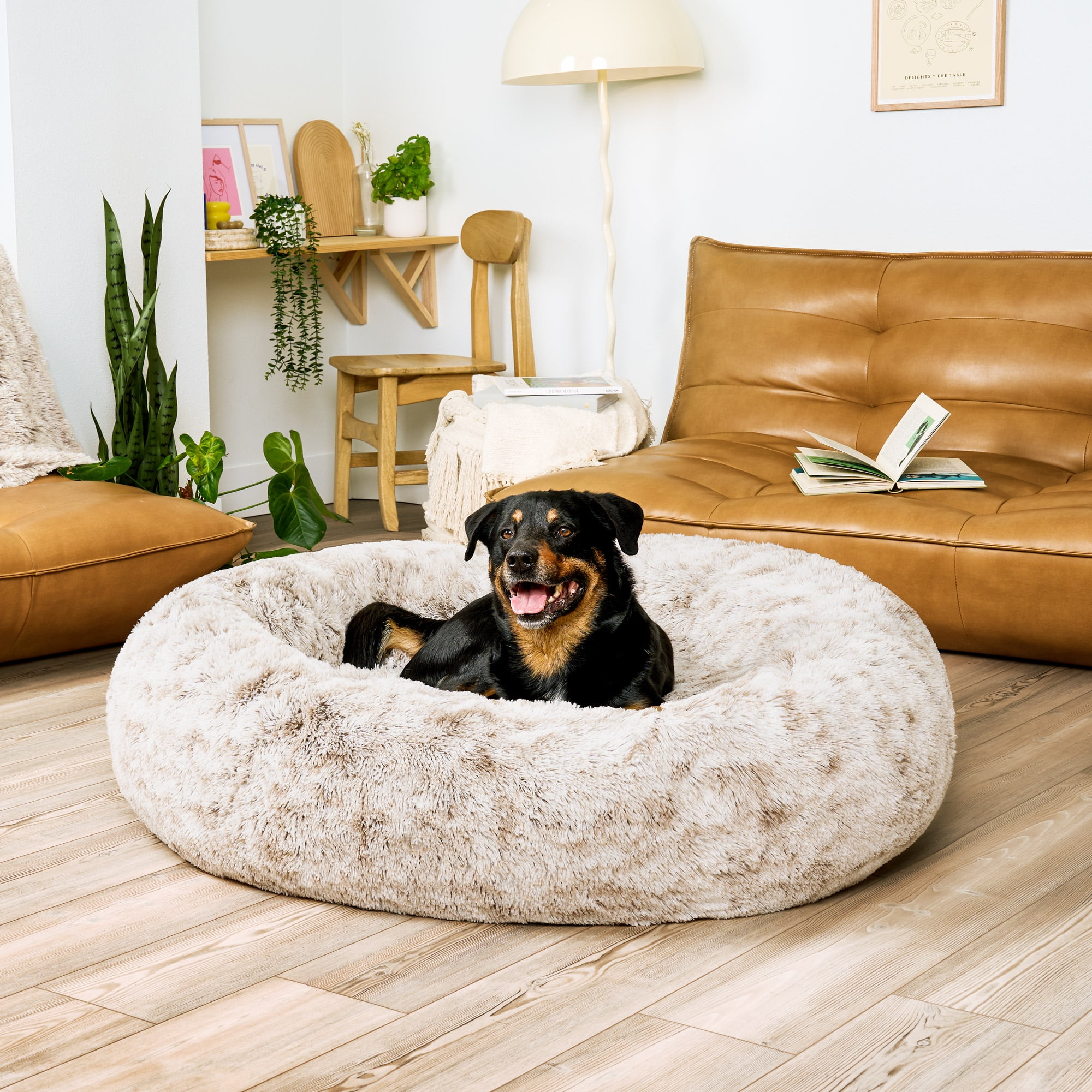 Furhaven 45" Round Calming Donut Dog Bed with Washable & Removable Cover & Bolster - Shaggy Plush Long Faux Fur Ball Bed - Driftwood, For Dogs Up to 90 lbs, Jumbo/XL