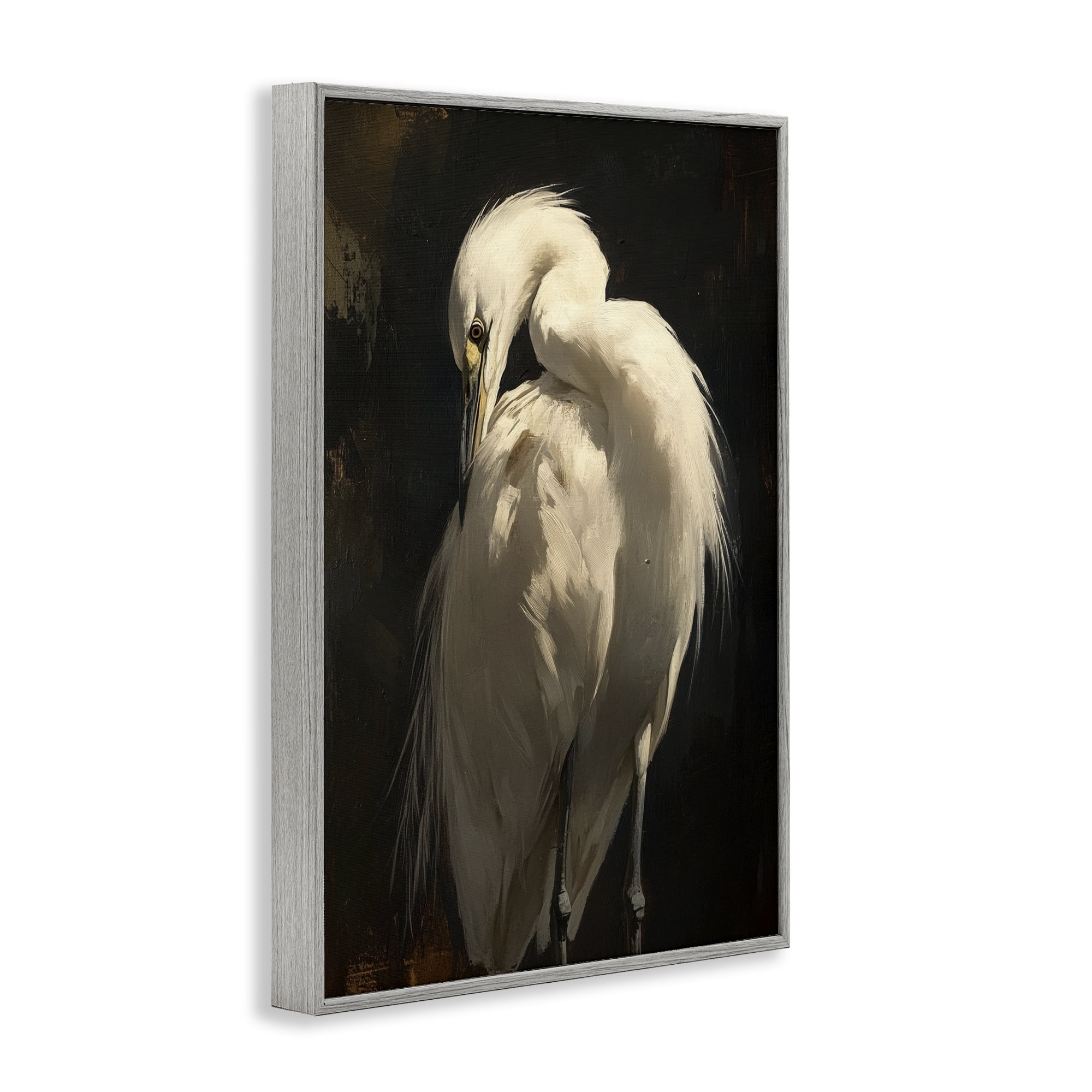 Stupell Industries Feathered Egret in Soft Light Gray Framed Giclee Art, design by Petal Prints Design
