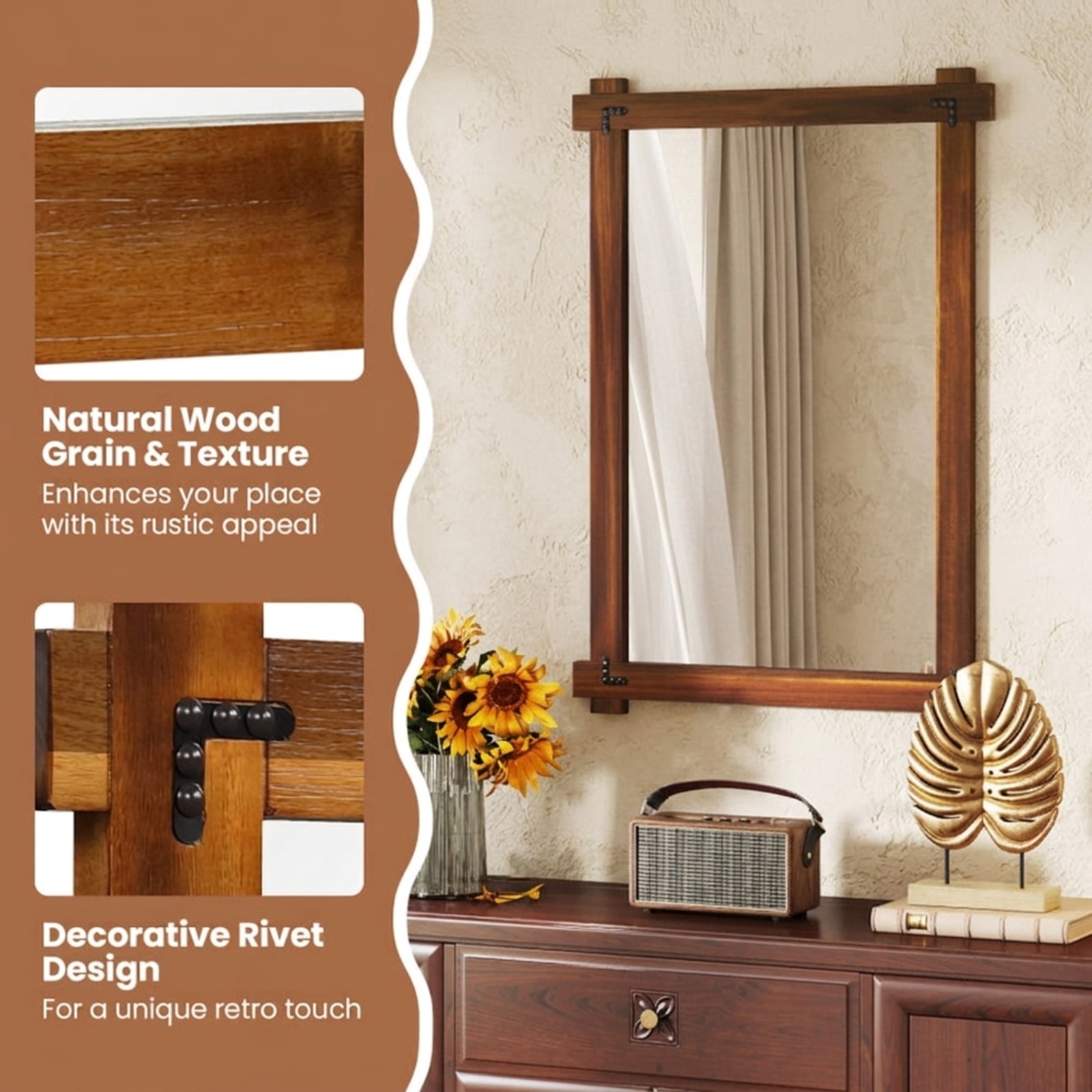 Vebreda 40" x 28.5" Wood Framed Wall Mirror with Acacia Wood Frame, Shatterproof HD Glass and Vintage Rivet Design, Brown