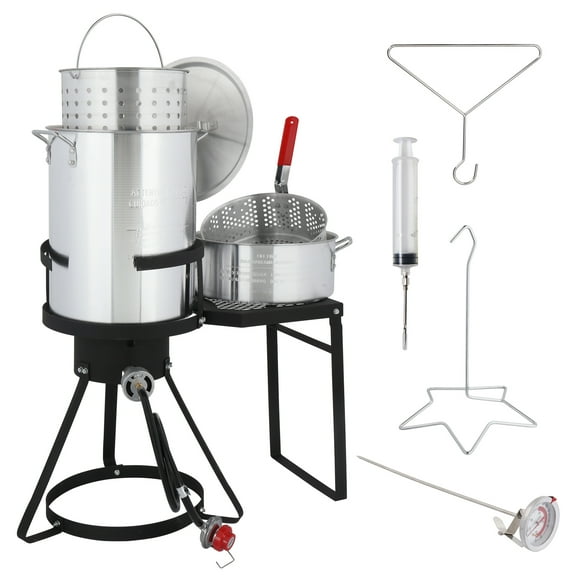 SalonMore 30qt Aluminum Turkey Fryer Pot Boiler Fish Fryer Outdoor 4-Piece Set Upgraded with Side Table
