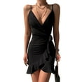 thumbnail image 1 of VISgogo Vestido de tirantes para mujer, tirantes finos, cuello en V, volantes, irregular, ajustado, minivestido de verano para fiesta de club VISgogo  moda, 1 of 5