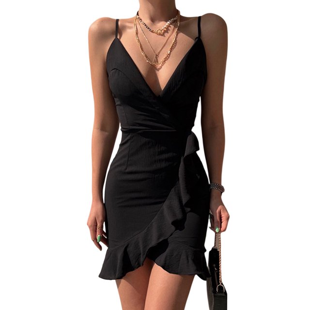 VISgogo Vestido de tirantes para mujer, tirantes finos, cuello en V, volantes, irregular, ajustado, minivestido de verano para fiesta de club VISgogo moda