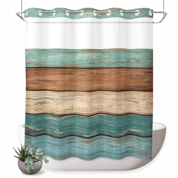 No Hook Shower Curtain with Built-in Rings - Farmhouse Rustic Wood Texture Washable Waterproof Fabric Bathroom Curtains for Hotel,Rentals, 66 X 72 Inch Long , Teal Brown