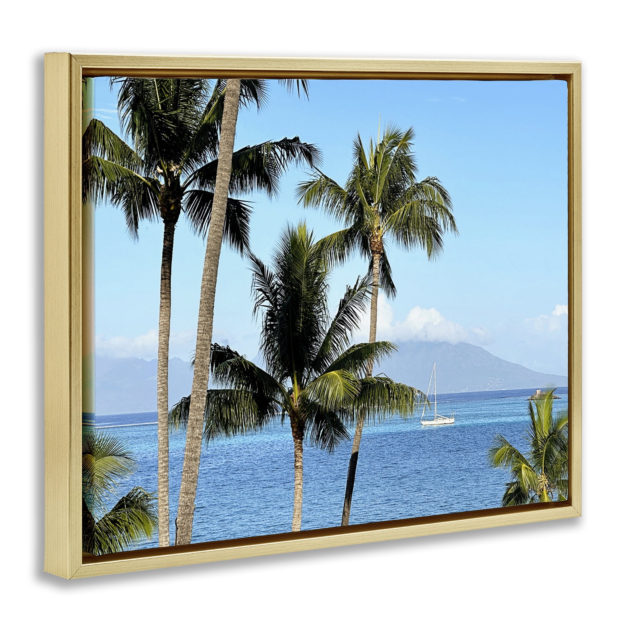 Stupell Industries Palm Trees & Sailboat Landscape Photography Gold Floater Framed Canvas Art Print Wall Art, 21 x 17