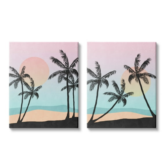 Stupell Industries Tropical Sunset Sunrise Palm Tree Beach Illustration Graphic Art Gallery-Wrapped Canvas Print Wall Art Set of 2, 24x30, by Nina Blue