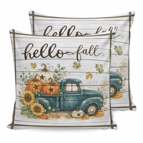 Thanksgiving Pillow Covers 20x20 Set of 2, Fall Truck Pumpkin Maple Leaves Wood Grain Throw Pillow Covers Decorative Couch Cushion Cover, Microfiber Soft Pillowcases for Bedroom Living Room Sofa