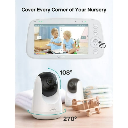 VAVA 5" 720P HD Baby Monitor with 2 Cameras, Night Vision, Zoom/Pan/Tilt, 2-Way Audio, White-New