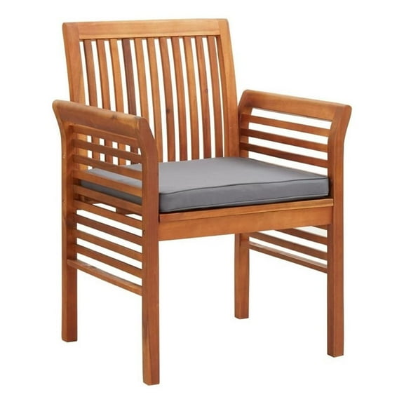 Kim Outdoor Dining Chair- Slatted Solid Acacia Wood- Gray Cushion