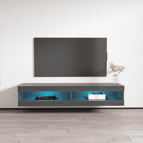 Fly Type-34 Floating TV Stand for TVs up to 70", Modern High Gloss 63" Entertainment Center, Wall Mounted TV Media Console with Storage Cabinets and LED Lights
