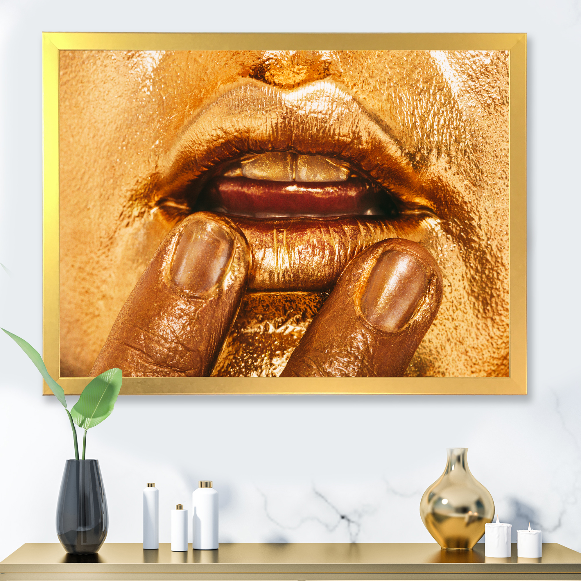 Designart 'Close Up Of Female Lips With Bright Golden Makeup i' Modern Framed Art Print