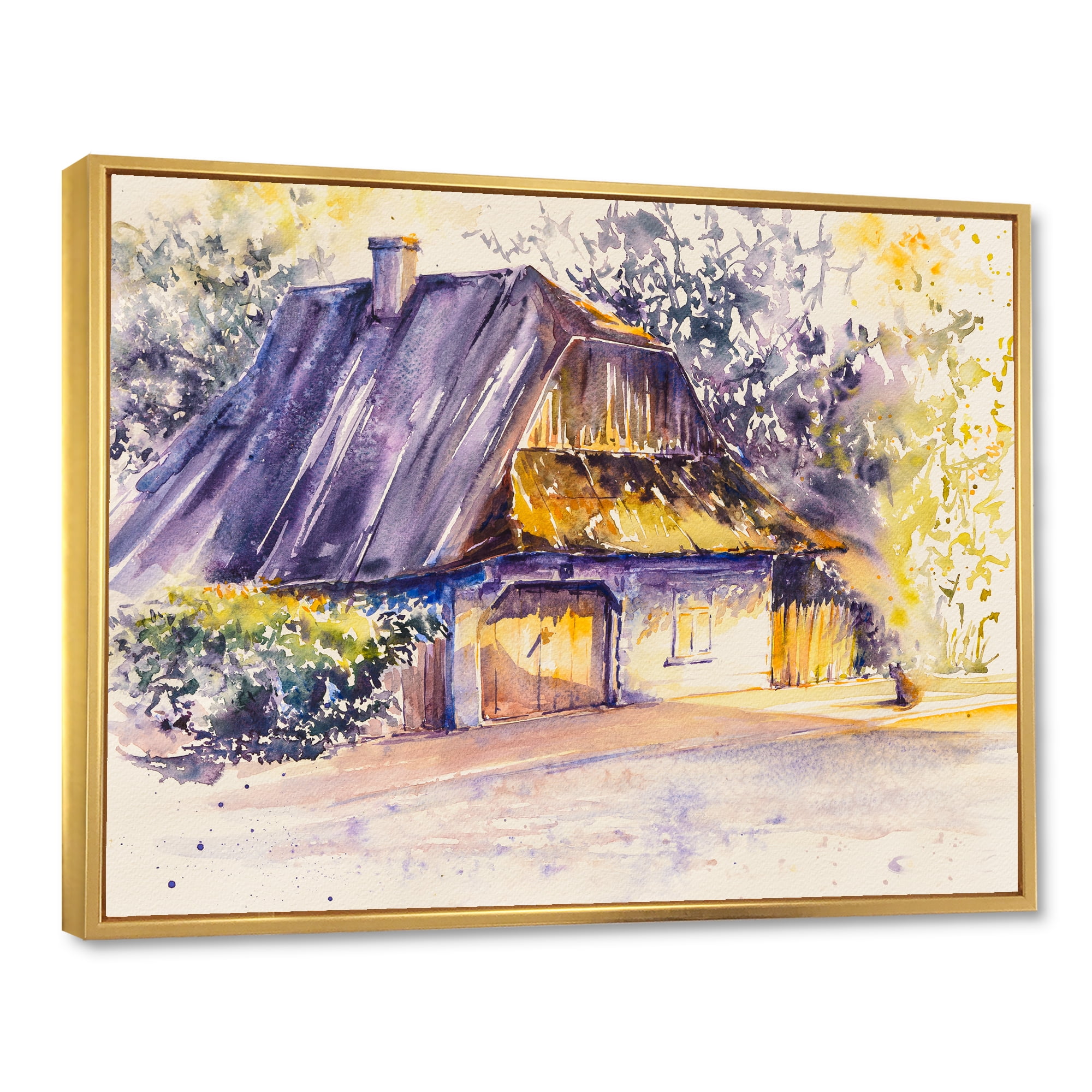 Designart 'Old Wooden White House In Country Side Village During Afternoon Glow' Traditional Framed Canvas Wall Art Print