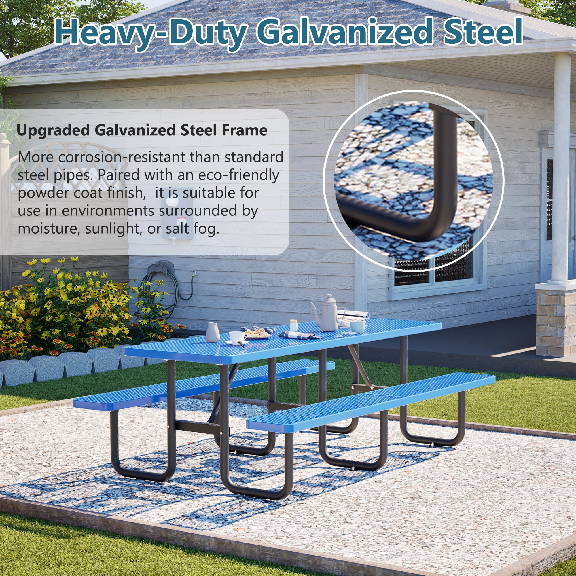 Outdoor Picnic Table Bench Set for 10-Person,All Weather Metal Patio Dining Furniture with Umbrella Hole & 2 Benches for Backyard,Picnic,Camping,Blue