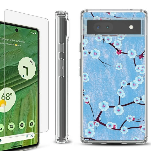 Shockproof Bumper Phone Case for Google Pixel 6a, with Tempered Glass Screen Protector, by OneToughShield ® - Blossom Sky