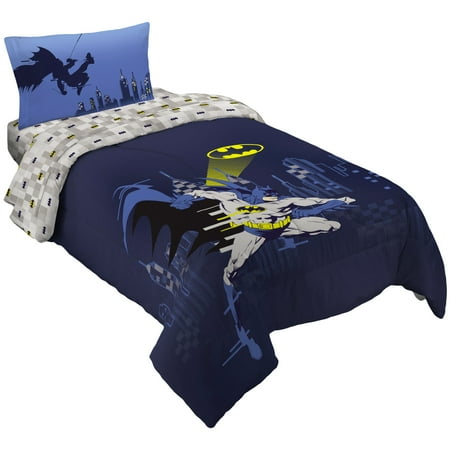 Batman Kids Blue Gray 4 Piece Reversible Comforter  Bed in a Bag  Twin