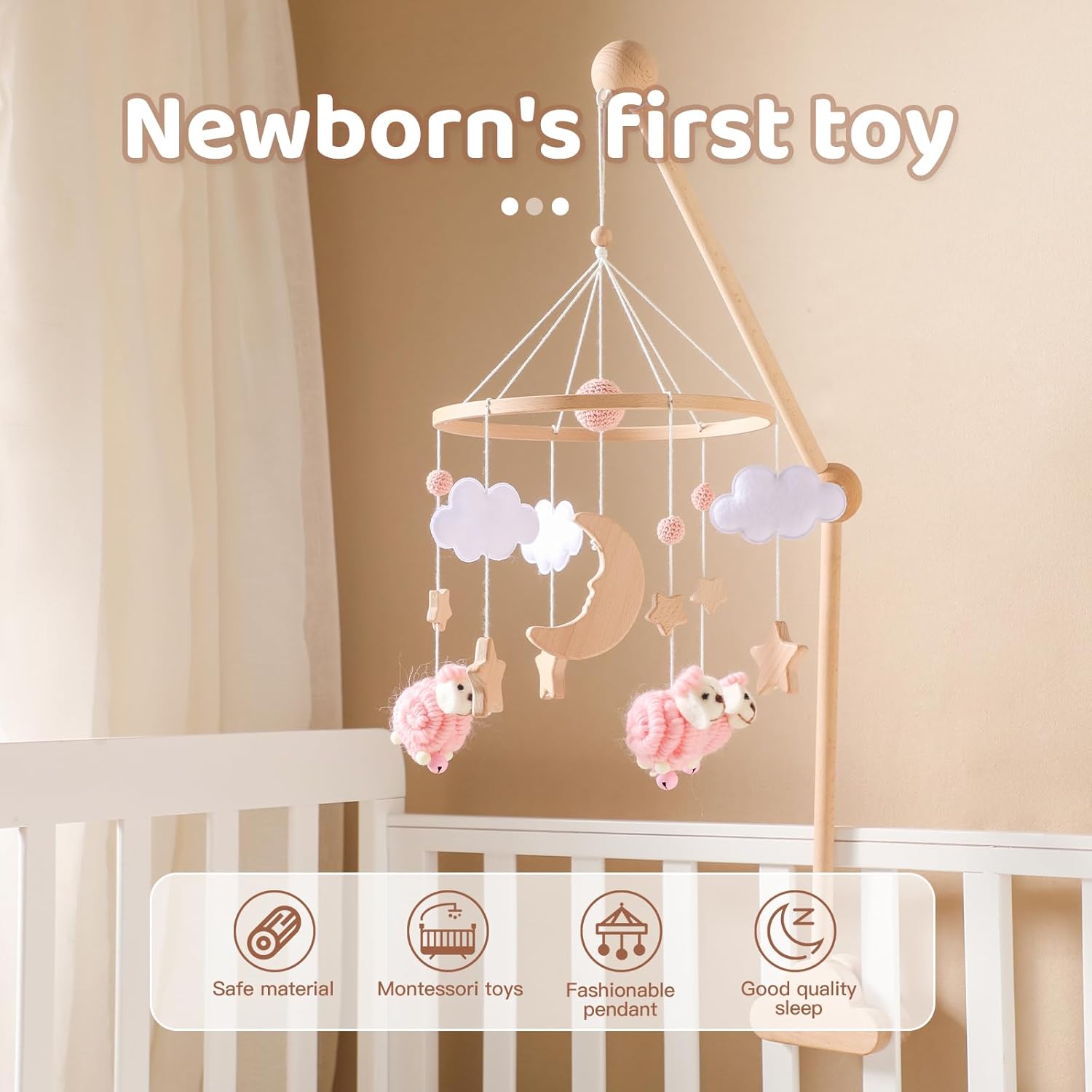 Wooden Baby Crib Mobile – Montessori-Inspired Nursery Decor with Soft Neutral Tones, Handcrafted Hanging Toy for Newborns 0-6 Months, Calming Visual & Sound Stimulation Gift​