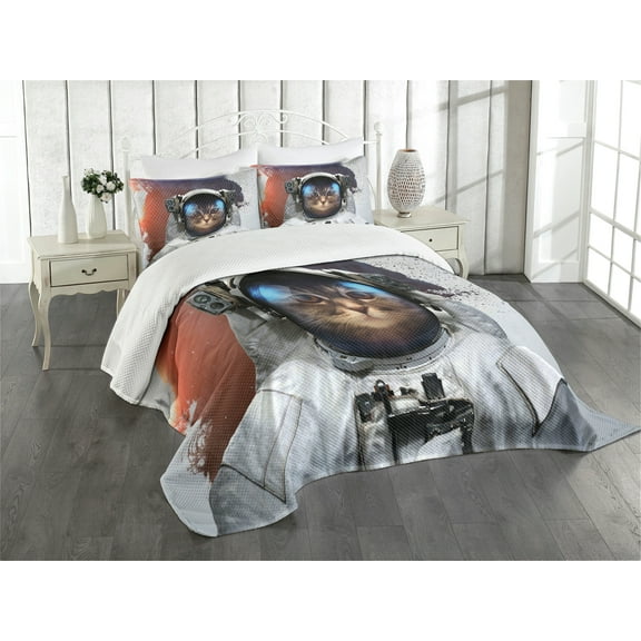 Ambesonne Space Cat Quilted Bedspread Set 3 Pcs, Grunge Cosmonaut Suit, King Size, White Purple and Orange