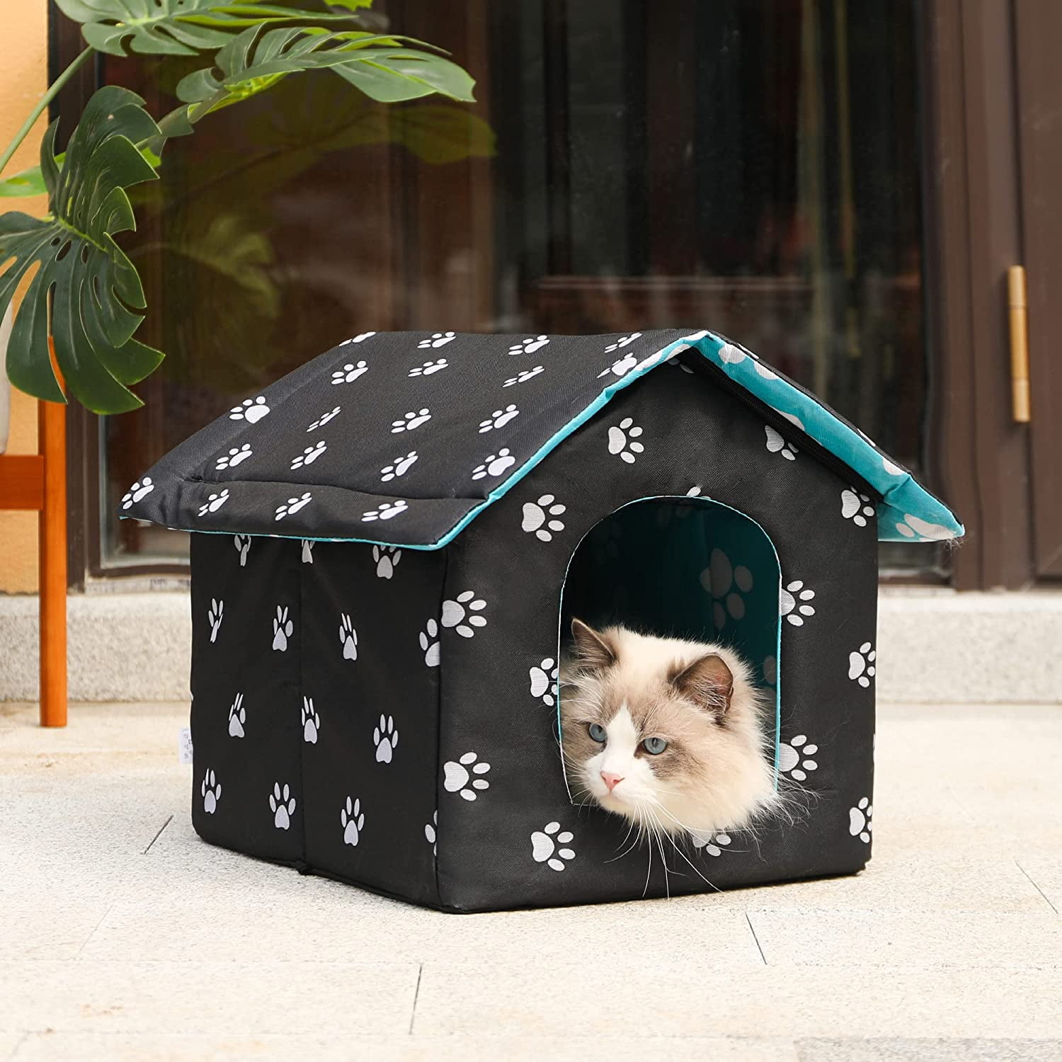 Outdoor Feral cat House for Winter Cats Insulated Waterproof Warm Weatherproof cat Bed Small Dog Kennel,Black Rectangle