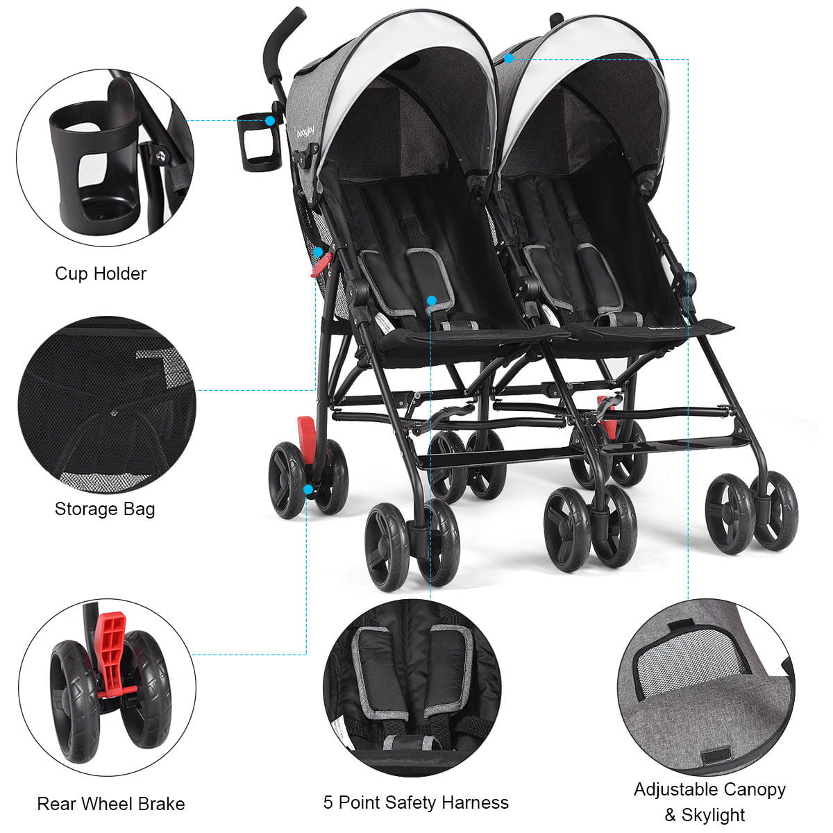Foldable Twin Baby Double Stroller Kids Jogger Travel Infant  Pushchair Black 