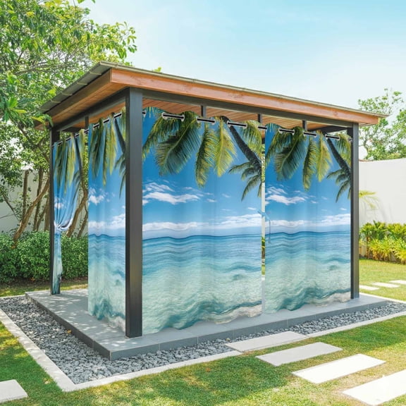 Summer Beach Landscape Outdoor Curtains for Patio, Coastal Ocean Palm Tree Blue Cloud Sky Wave Waterproof Outside Curtains Privacy Blackout Curtain for Porch Pergola Cabana, 1 Panel 54W x 108L Inch