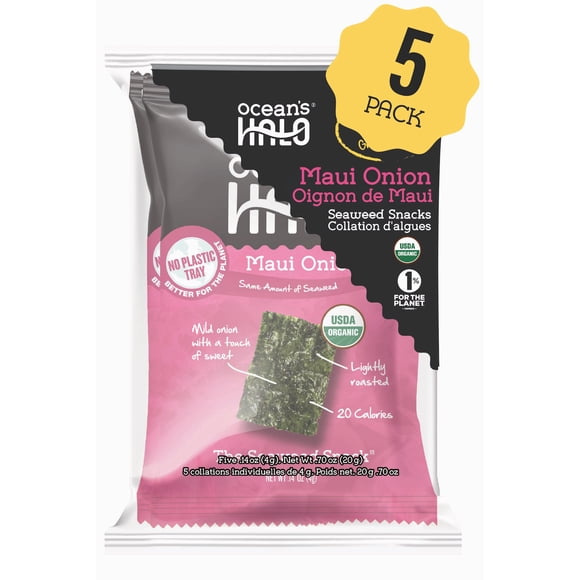 Ocean's Halo Organic 5-Pack Maui Onion Seaweed Snack, No Plastic Tray, 20g
