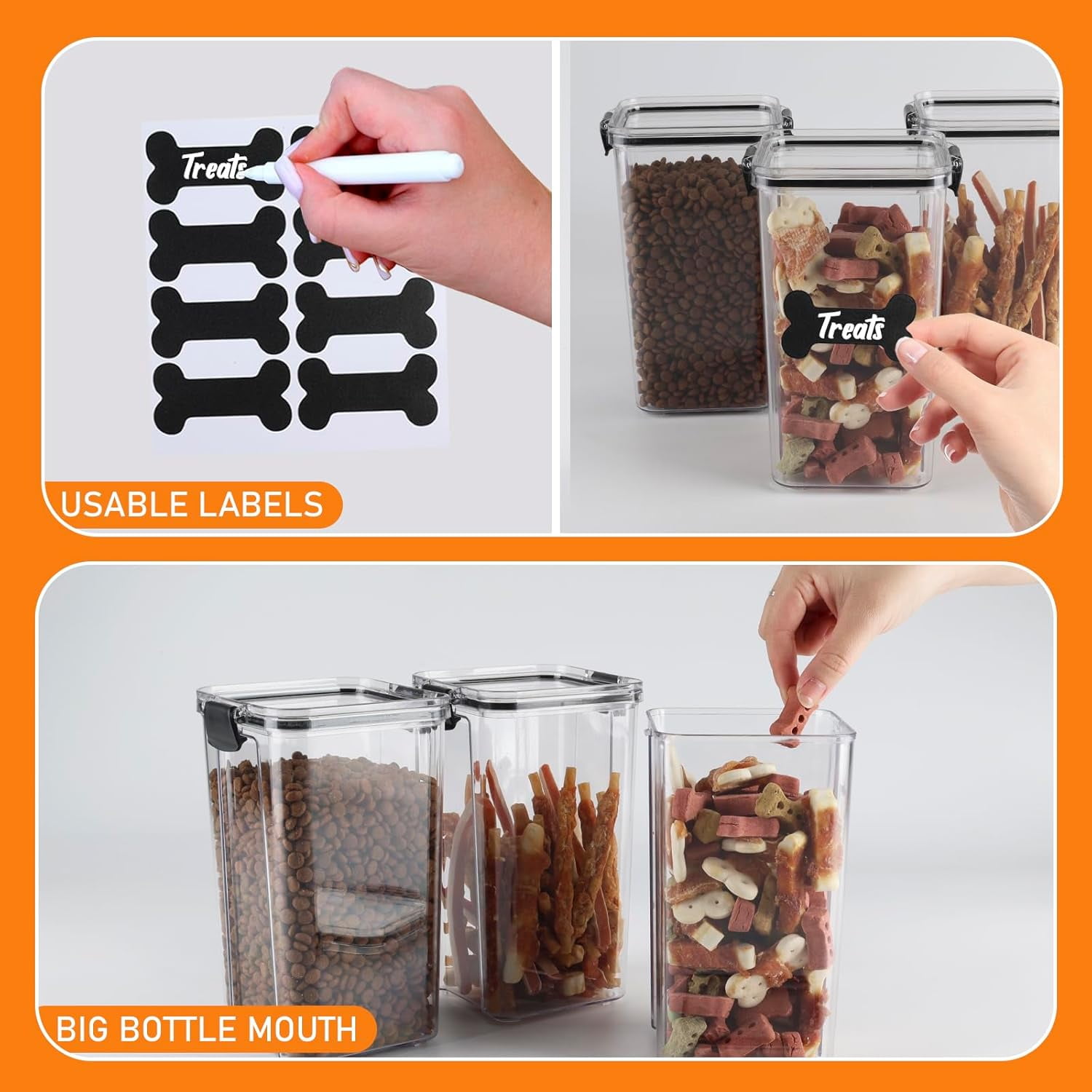 Brabtod 3-Pack Airtight Pet Food Containers with Locking Clips, Dog & Cat Food Storage with Labels & Pen, Bird Seed Treat Canisters