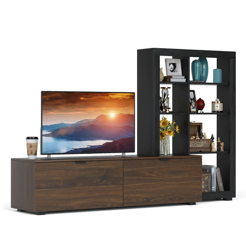 Finihen TV Stand, TV Cabinet, 2-In-1 TV Stand with 4-tier Bookshelf for TVs up to 50 Inch, Media Entertainment Center with Storage, for Living Room, Bedroom, Walnut