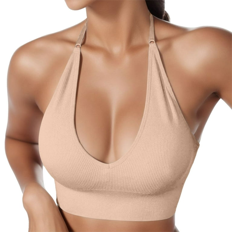 Halter Sports Bras Women Backless Bras Deep V Sexy Padded Bustier Push Up Bra  Halter Top With Adjustable Straps For Without Yoga
