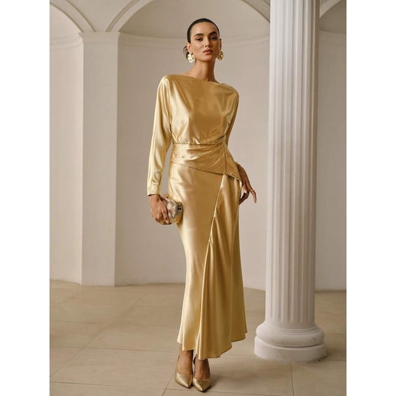 Yellow Satin Boat Neck Long Sleeve Mermaid Hem Maxi Dress