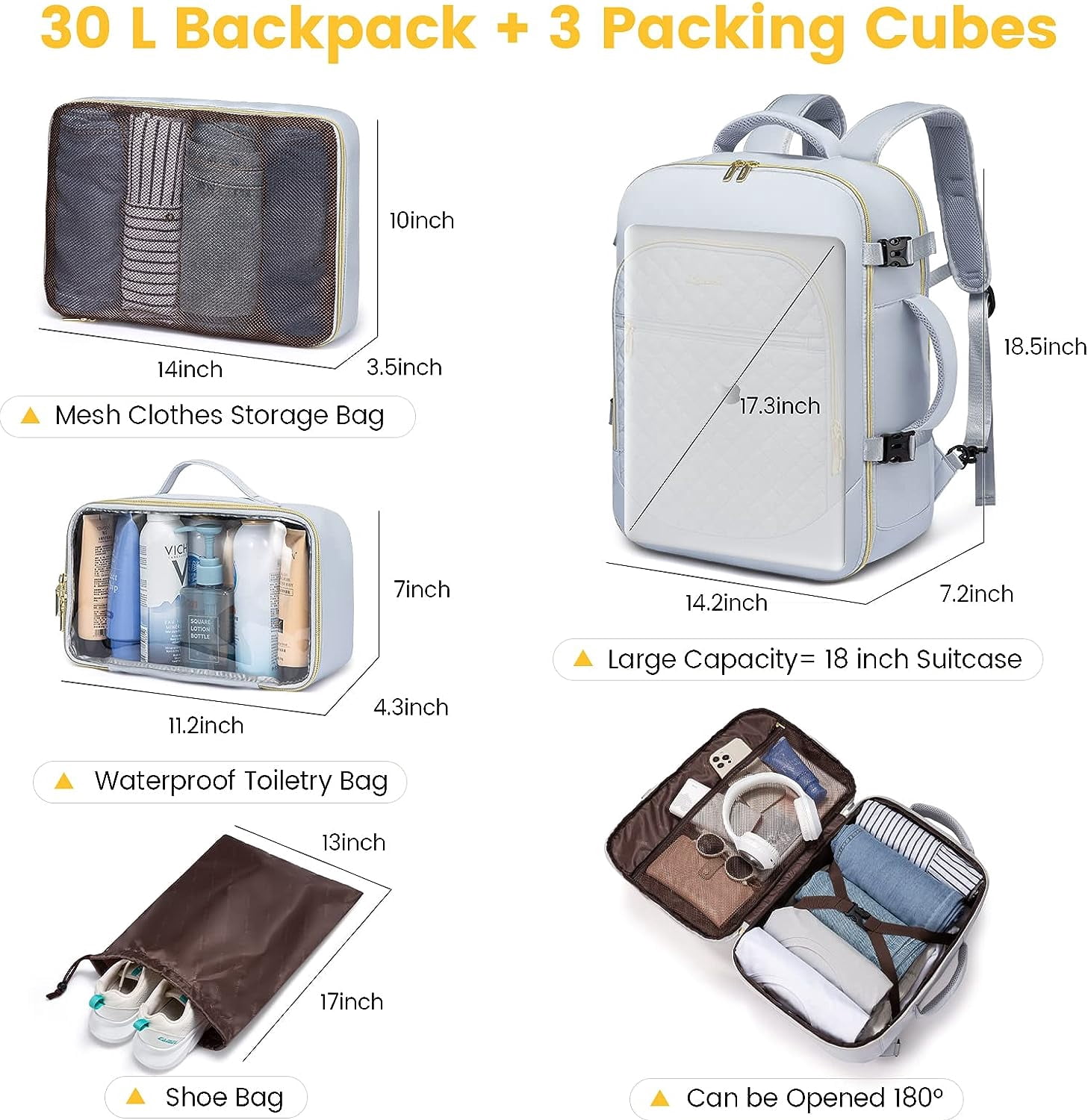 Lovevook Travel Laptop Backpack, Waterproof Carry-on Luggage Backpack Flight Approved Fit 17.3" Laptop,40L Suitcase Daypack Business College Weekend Overnight Bag with 3 Packing Cubes