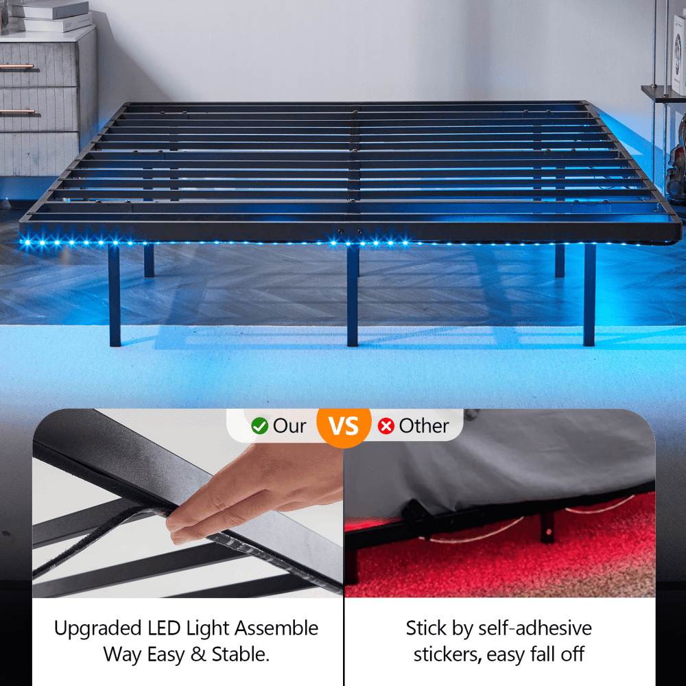 Tcbosik Full Size Floating Bed Frame, Heavy Duty Platform Bed with Power Outlet and LED Strip Light, Easy Assembly, Black