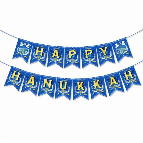 Happy Hanukkah Banner, Blue and Gold Bunting, Festive Holiday Party Decoration, Menorah Theme