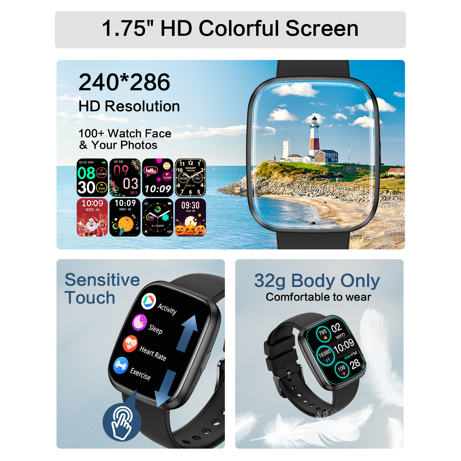 2026 Smart Watch for Android Iphone , 1.75" Women Men Fitness Tracker with Bluetooth Answer/Calls,IP68 Waterproof, AI Voice Assistant,100+ Sports ,Sleep Tracker,Weather,Black