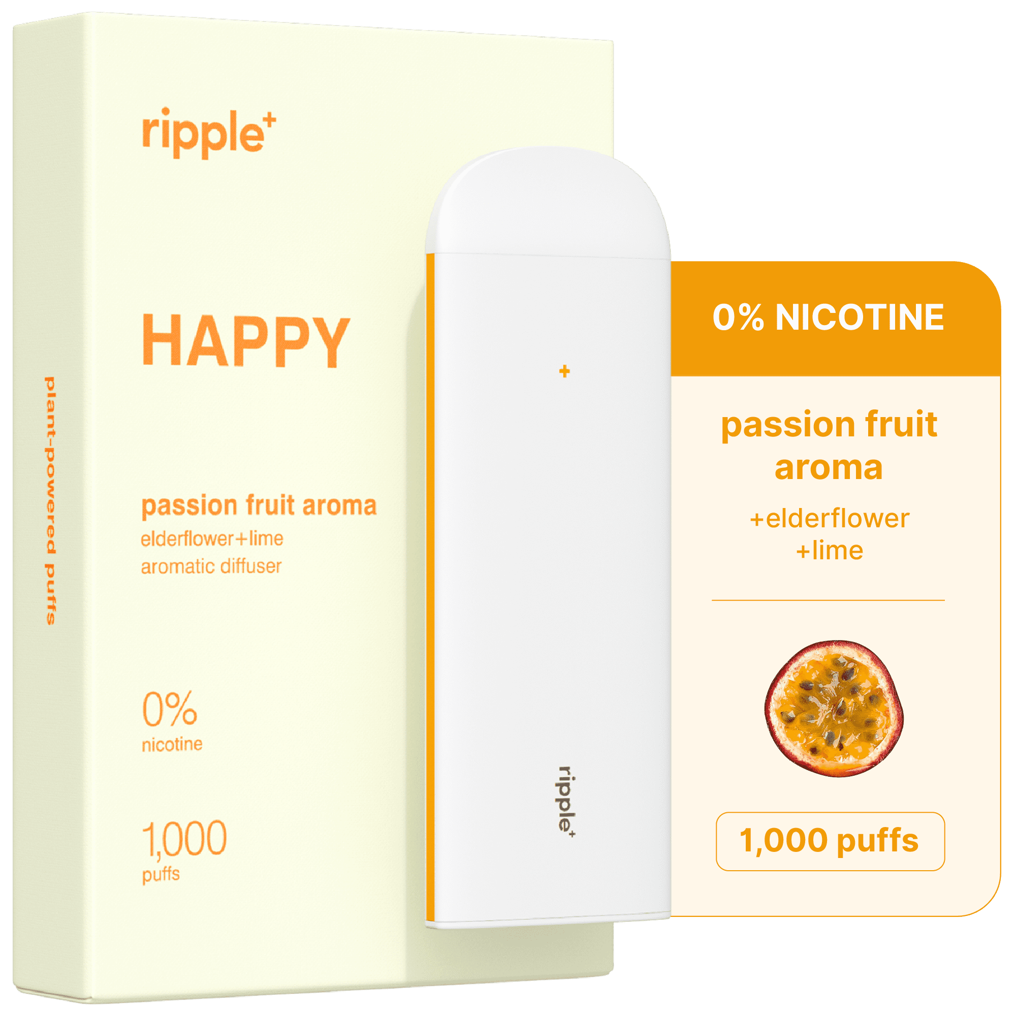 Ripple Passion Fruit Diffuser - 1,000 Puffs, 0% Nicotine, + Elderflower & Lime, 100% Recyclable