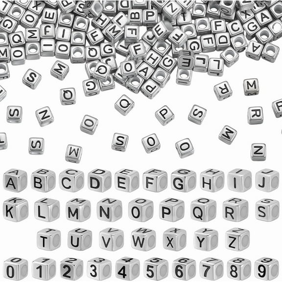 1 Box 6MM 880PCS Silver Letter Number Cube Bead with Hole Alphabet Acrylic Square Opaque Loose Spacer Beads Bulk for Jewelry Making Earrings Bracelets Necklaces Decor DIY Craft Supplies